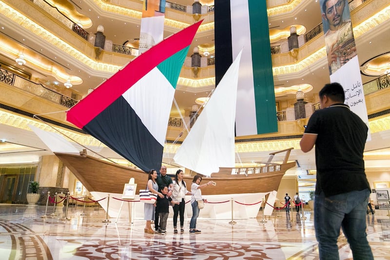 ABU DHABI, UNITED ARAB EMIRATES - NOV 30:

A dhow inside Emirates Palace, a tribute to UAE's 46th National Day, was built by styrofoam and repurposed kitchen tools.

(Photo by Reem Mohammed/The National)

Reporter:  
Section: NA