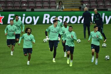 Real Madrid's Brazilian defender Marcelo (L0 attends training session with his teammates on the eve of the UEFA Champions League Group A football match between Galatasaray and Real Madrid at the TT Ali Samiyen sport complex in Istanbul on October 21, 2019. / AFP / Ozan KOSE