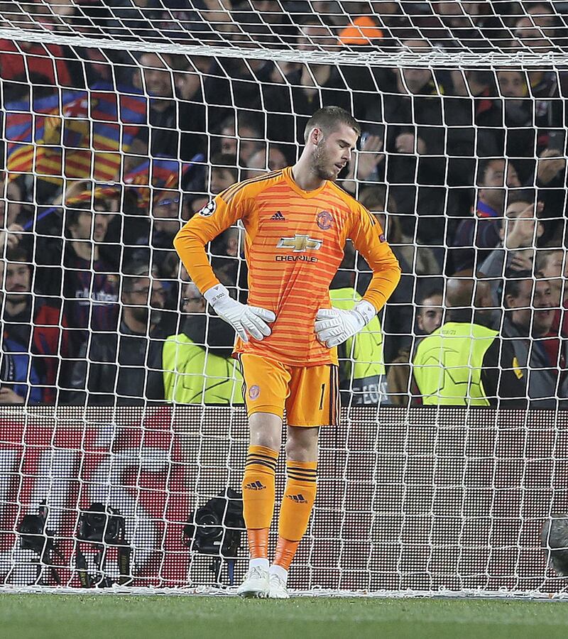 BARCELONA, SPAIN - APRIL 16: David de Gea of Manchester United reacts to conceding a goal to Lionel Messi of Barcelona during the UEFA Champions League Quarter Final second leg match between FC Barcelona and Manchester United at Camp Nou on April 16, 2019 in Barcelona, Spain. (Photo by Matthew Peters/Man Utd via Getty Images)