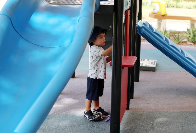 Dubai, United Arab Emirates - Reporter: N/A. News. Jake plays in the park as children's play areas start to open around Dubai. Wednesday, June 24th, 2020. Dubai. Chris Whiteoak / The National