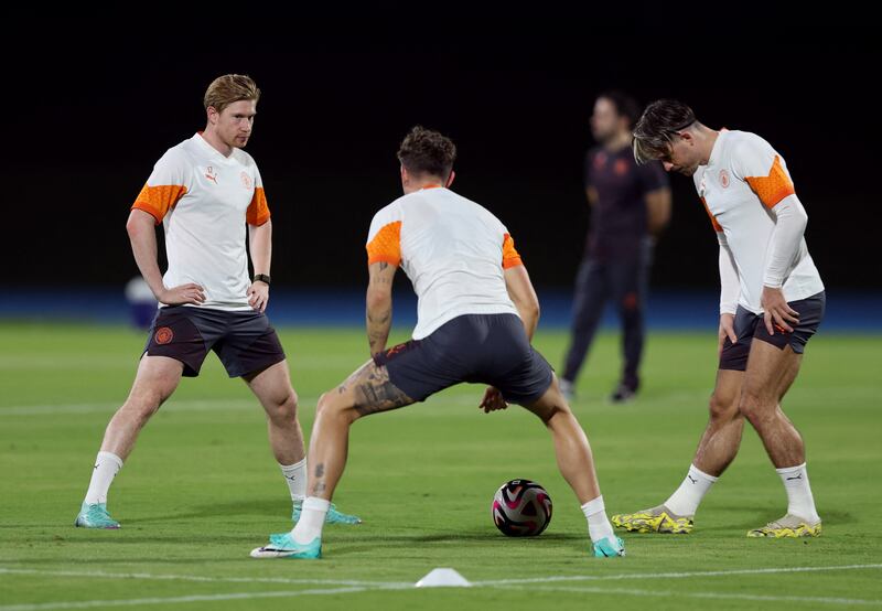 Manchester City's Kevin De Bruyne, John Stones and Jack Grealish during training. Reuters
