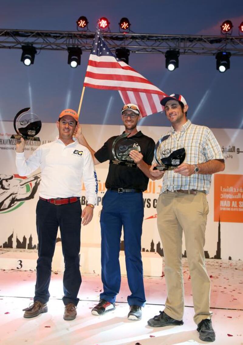 Gebben Miles, centre, won the title ahead of Anthony Matarese, right, and Jose Manuel Rodriguez. Courtesy Nad Al Sheba Sporting Clays Championship