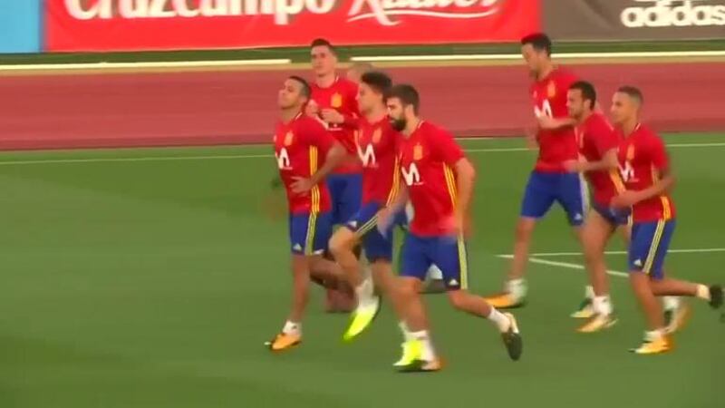 Gerrard Pique, centre, takes part in an open training session with the Spain national team in Madrid ahead of their upcoming 2018 World Cup qualifiers. Reuters