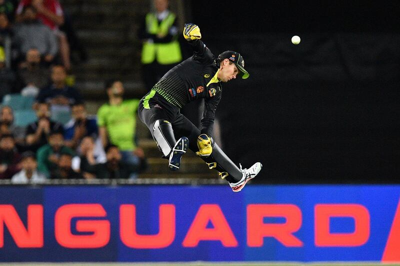 Alex Carey of Australia fails to take a catch to dismiss Pakistan's Iftikhar Ahmed during the Twenty20 match between at the Manuka Oval in Canberra on Tuesday November 5. AFP