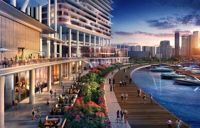 A rendering of the retail area along the Dubai Canal waterfront. 