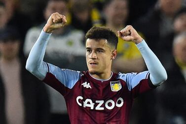 FILE PHOTO: Soccer Football - Premier League - Leeds United v Aston Villa - Elland Road, Leeds, Britain - March 10, 2022 Aston Villa's Philippe Coutinho celebrates scoring their first goal REUTERS/Peter Powell EDITORIAL USE ONLY.  No use with unauthorized audio, video, data, fixture lists, club/league logos or 'live' services.  Online in-match use limited to 75 images, no video emulation.  No use in betting, games or single club /league/player publications.   Please contact your account representative for further details.  / File Photo