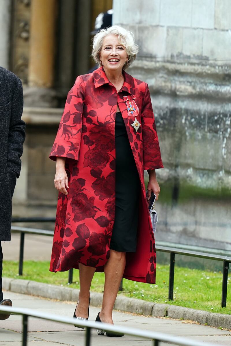 Dame Emma Thompson in a floral coat. PA 