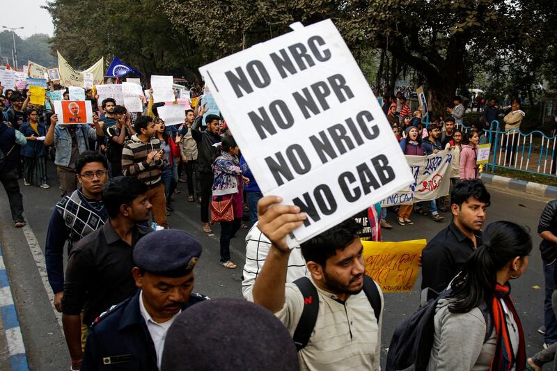 Indian students shout slogans during a protest rally against the Citizenship Amendment Act, in Kolkata. AP Photo