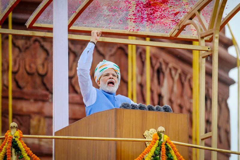 Mr Modi speaking at India's Independence Day ceremony at the Red Fort. Bloomberg