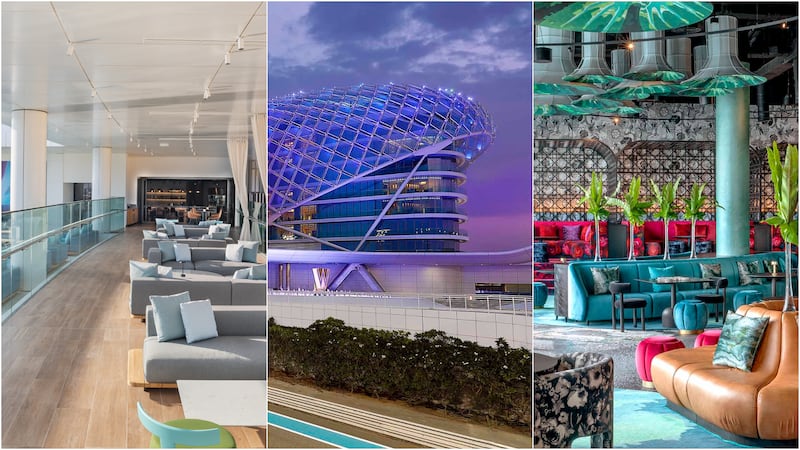 From left, The Overlook lounge at The WB Abu Dhabi; the exterior of W Abu Dhabi — Yas Island; and W Lounge. Photo: W Abu Dhabi — Yas Island; The WB Abu Dhabi, Curio Collection by Hilton