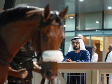 Sheikh Mohammed bin Rashid, Vice President and Ruler of Dubai, attends the Dubai Breeze-Up Sale at Meydan. Photo: Dubai Media Office