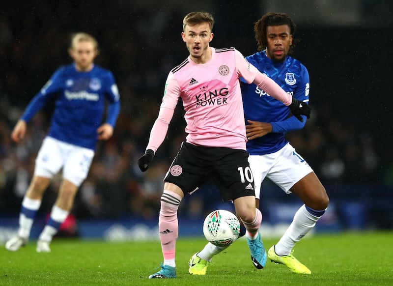 LIVERPOOL, ENGLAND - DECEMBER 18: James Maddison of Leicester City battles for possession with Alex Iwobi of Everton  during the Carabao Cup Quarter Final match between Everton FC and Leicester FC at Goodison Park on December 18, 2019 in Liverpool, England. (Photo by Matthew Lewis/Getty Images)