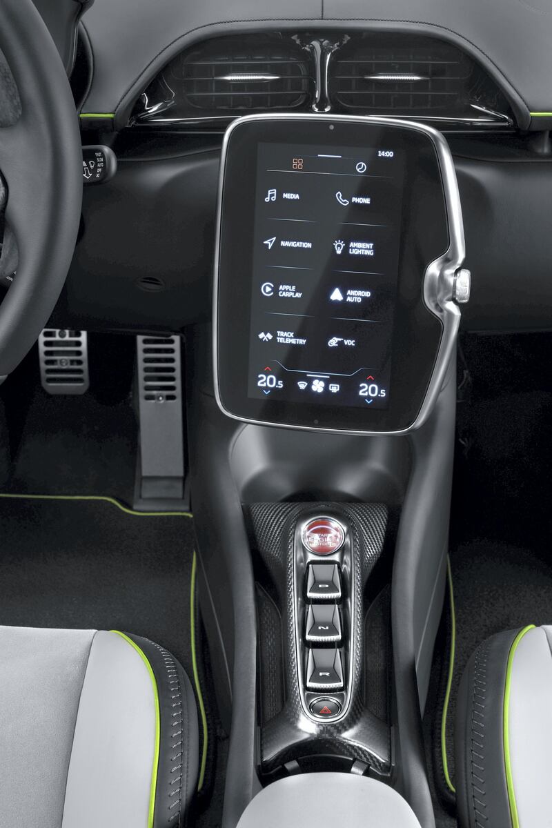 The McLaren Artura is fitted with an 8-inch HD touchscreen infotainment system enabling configuration of advanced driver assistance systems and smartphone mirroring 