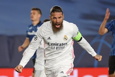 epa09078794 Real Madrid's defender Sergio Ramos celebrates after scoring the 2-0 goal during the UEFA Champions League round of 16 second leg soccer match between Real Madrid and Atalanta held at Alfredo Di Stefano stadium, in Madrid, central Spain, 16 March 2021. EPA/JuanJo Martin