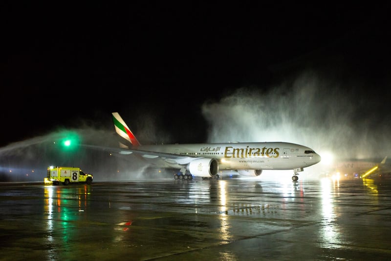The inaugural Emirates Boeing 777 receives a water cannon salute on arrival at Santiago airport in Chile. Courtesy Emirates