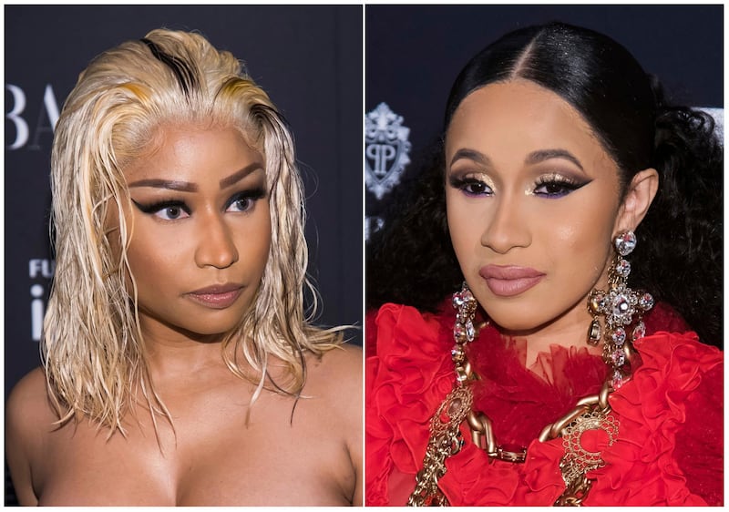 This combination photo shows Nicki Minaj, left, and Cardi B at the Harper's BAZAAR "ICONS by Carine Roitfeld" party at The Plaza in New York on Sept. 7, 2018. Minaj says being involved in an altercation with Cardi B at a fashion week party was â€œso mortifying and so humiliating.â€ Cardi B tried to attack Minaj at Harper's Bazaar Icons party in New York on Friday. Video circulated on social media showing Cardi B lunging toward Minaj and throwing her shoe at the rapper. (Photos by Charles Sykes/Invision/AP)