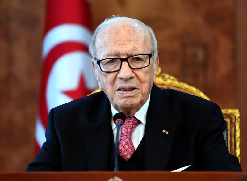 Tunisian President Beji Caid Essebsi attends a meeting with political parties, unions and employers on January 13, 2018 in Tunis, following unrest triggered by austerity measures.
The North African country has been shaken by a wave of protests over poverty and unemployment during which hundreds have been arrested before the unrest tapered off. / AFP PHOTO / FETHI BELAID
