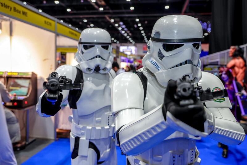 Dubai, April 12, 2019.  MEFCC day 2-
Comic Con goers at full swing on day 2.  The legendary storm troopers at Comic Con.
Victor Besa/The National.
Section:  AC  
Reporter:  Chris Newbould