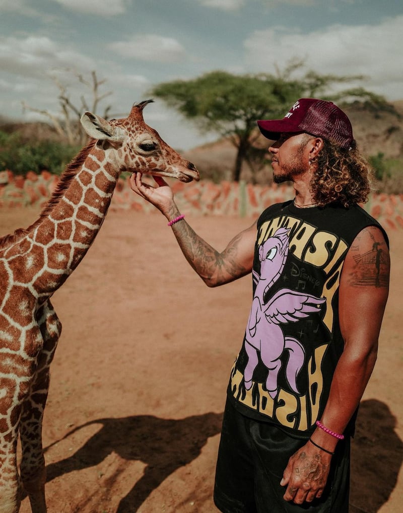 Lewis Hamilton with a baby giraffe at Kenya's Reteti sanctuary. All photos: Instagram / lewishamilton