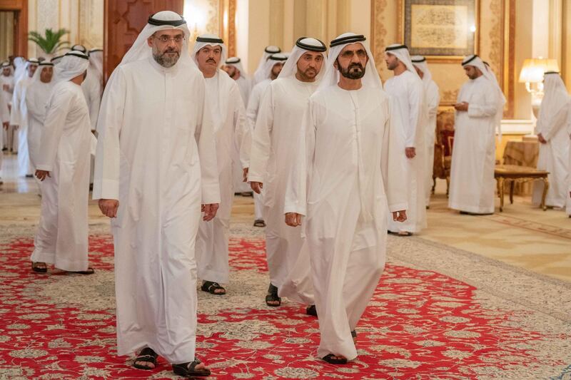 His Highness Sheikh Dr. Sultan bin Mohamed Al Qasimi, Supreme Council Member and Ruler of Sharjah, accepted on Thursday at Al Badee Palace in Sharjah, condolences from His Highness Sheikh Mohammed bin Rashid Al Maktoum, Vice President, Prime Minister and Ruler of Dubai, on the death of Sheikh Khalid bin Sultan bin Mohamed Al Qasimi, the son of His Highness the Ruler of Sharjah. Courtesy Sharjah Government Media Bureau