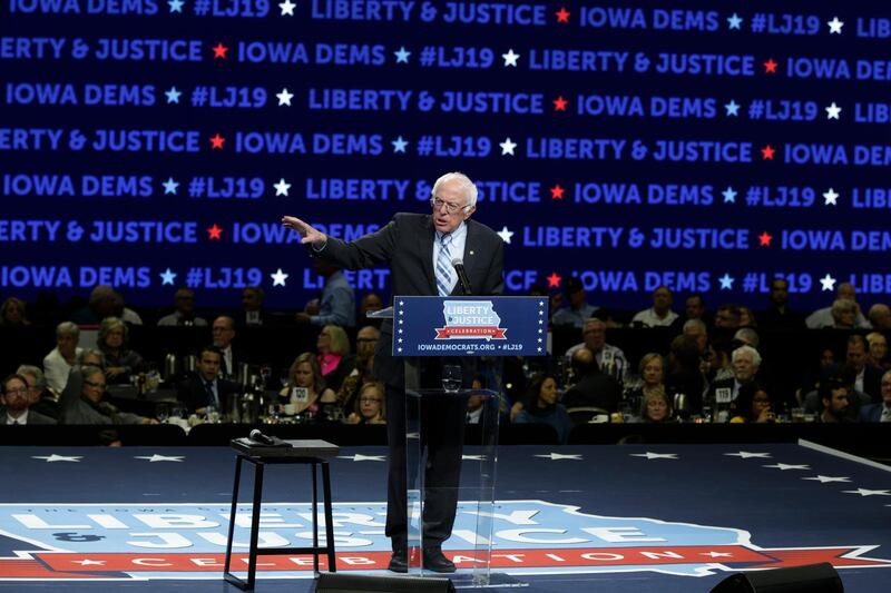 Democratic presidential candidate Sen. Bernie Sanders speaks during the Iowa Democratic Party's Liberty and Justice Celebration in Des Moines, Iowa. AP