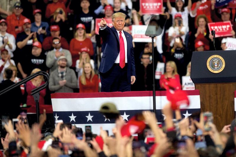 HERSHEY, PA - DECEMBER 10:  U.S. President Donald Trump acknowledges the crowd upon taking the stage during a campaign rally on December 10, 2019 in Hershey, Pennsylvania. This rally marks the third time President Trump has held a campaign rally at Giant Center.  The attendance of both President and Vice President signifies the importance Pennsylvania holds as a key battleground state.  (Photo by Mark Makela/Getty Images)