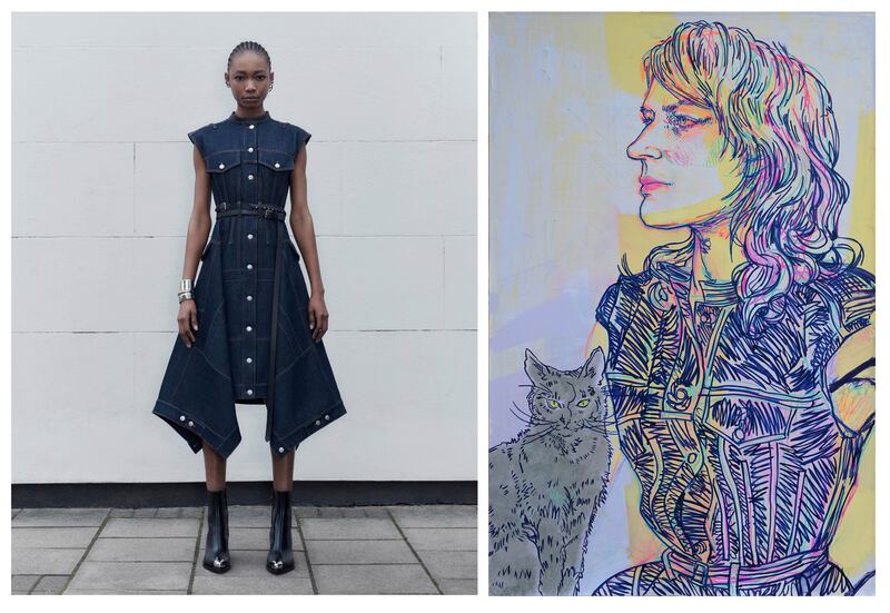 Hope Gangloff created ‘Sketch of Caitlin MacQueen for McQueen’ using a patched dress with bone-stitch detailing as inspiration. 