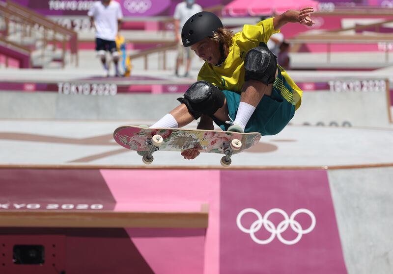 Keegan Palmer of Australia competes during the Men's Park Skateboarding Finals at the Tokyo 2020 Olympic Games at the Ariake Urban Sports Park.