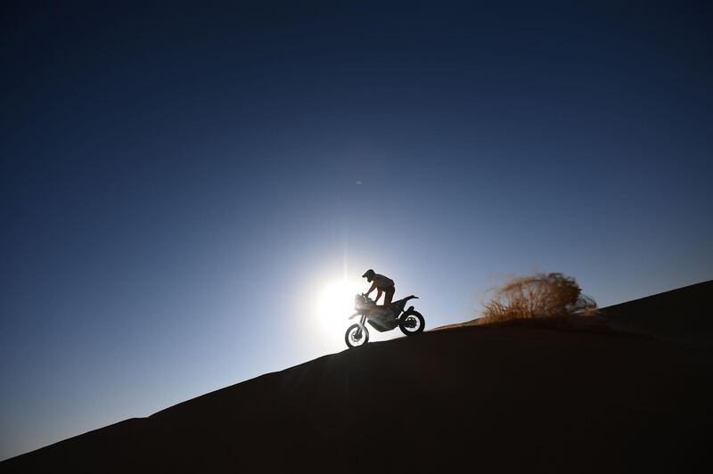 A biker during Stage 2 of the Dakar Rally in Saudi Arabia on Tuesday, January 4. AFP