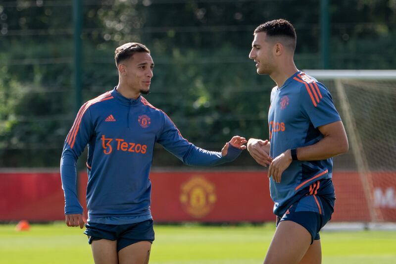 Antony and Diogo Dalot during Manchester United's training session in Carrington. Getty