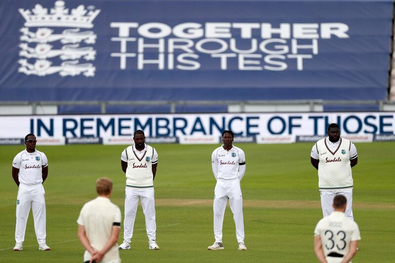 England and West Indies observe a minutes silence ahead of day one of the first #RaiseTheBat Test match at The Ageas Bowl. Getty