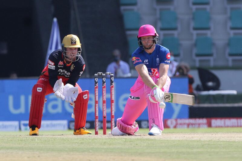Jos Buttler of Rajasthan Royals plays a shot during match 15 of season 13 of Indian Premier League (IPL) between the Royal Challengers Bangalore and the Rajasthan Royals at the Sheikh Zayed Stadium, Abu Dhabi  in the United Arab Emirates on the 3rd October 2020.  Photo by: Pankaj Nangia  / Sportzpics for BCCI
