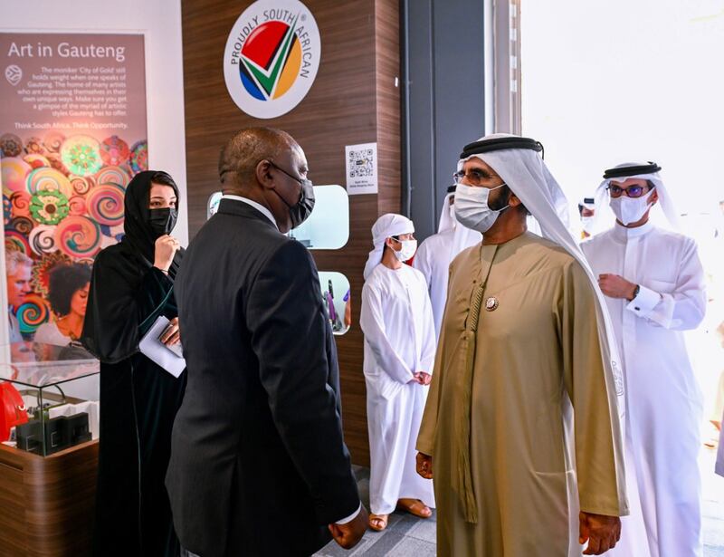 Sheikh Mohamed bin Rashid welcomes South African President Cyril Ramaphosa to Expo 2020 Dubai. Photos: Dubai Media Office