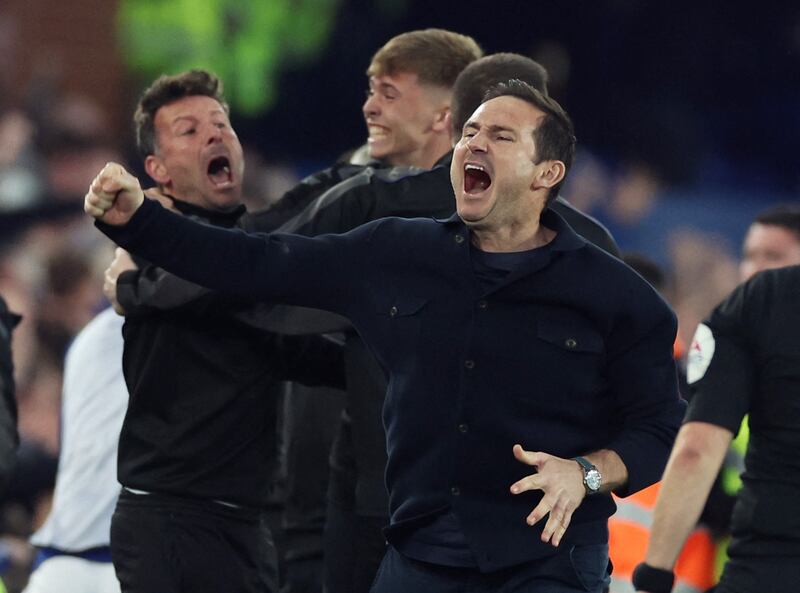 Everton manager Frank Lampard celebrates their third goal. Reuters