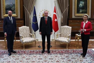 Turkey's President Recep Tayyip Erdogan flanked by European Commission President Ursula von der Leyen and European Council President Charles Michel, at the meeting in Ankara. EPA