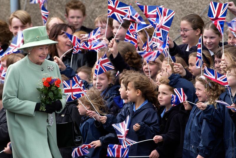 Queen Elizabeth is welcomed to Wells, south-west England during a tour of the UK in May 2002 to celebrate her golden jubilee. 