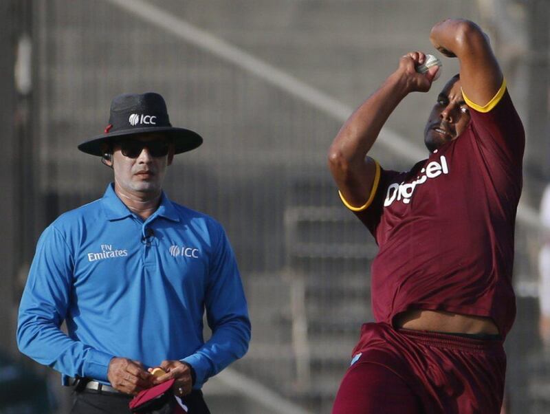 West Indies’ Carlos Brathwaite bowls against Pakistan. Karim Sahib / AFP