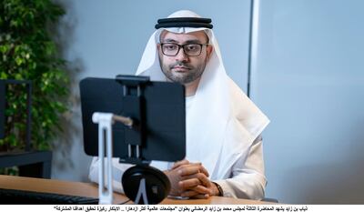 ABU DHABI, UNITED ARAB EMIRATES - May 03, 2021: HE Mohamed Al Qadhi, Board Member of Sandooq Al Watan delivers an online lecture titled “For the Greater Good: Innovations for more Resilient Global Communities”, during the online series of Majlis Mohamed bin Zayed.

( Abdullah Al Neyadi for the Ministry of Presidential Affairs )
---