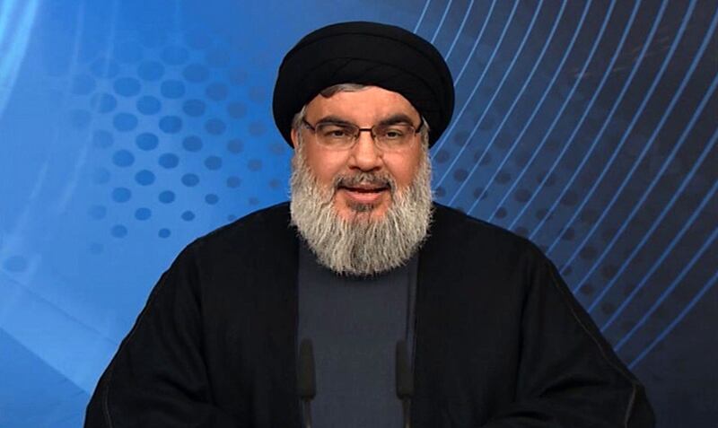 An image grab taken from Hizbollah's Al Manar TV on May 16, 2015, shows Hassan Nasrallah giving a televised address from an undisclosed location in Lebanon. Al Manar/Handout/AFP Photo

