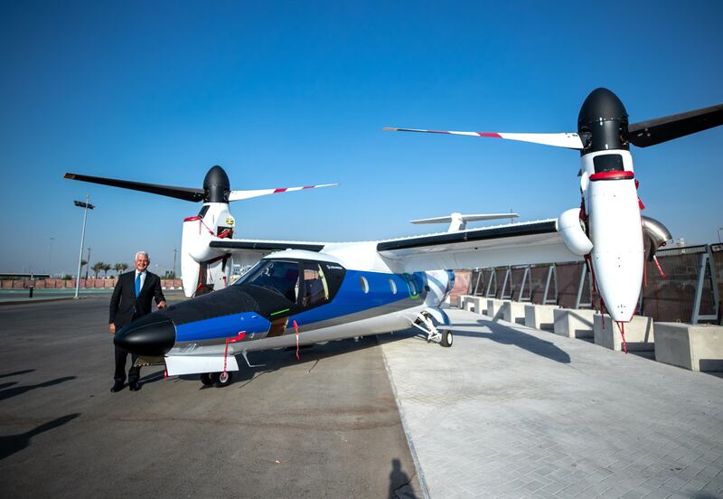 Alessandro Profumo, CEO of Leonardo at the Expo 2020 Dubai helicopter terminal with the AW609 TiltRotor aircraft. Victor Besa/The National.