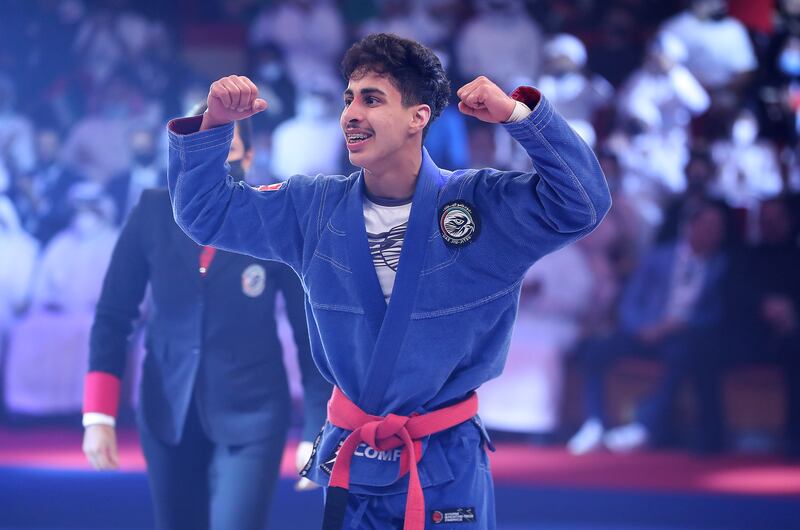 UAE teenager Omar Al Suwaidi after beating Brazil's Everton Celio in the Abu Dhabi World Professional Jiu-Jitsu Championship on Wednesday, November 17. Pawan Singh / The National