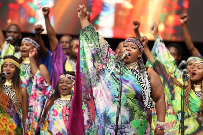 The Soweto Gospel Choir perform during the Global Citizen Festival: Mandela 100 at FNB Stadium. Getty