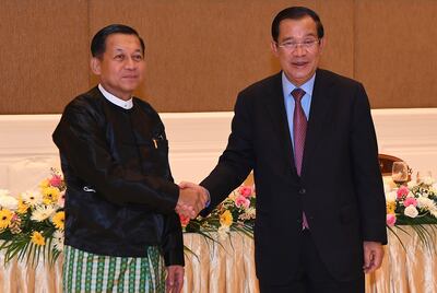 Cambodian Prime Minister Hun Sen, right, meets Myanmar's leader Min Aung Hlaing in Naypyitaw, Myanmar, last month. AP Photo