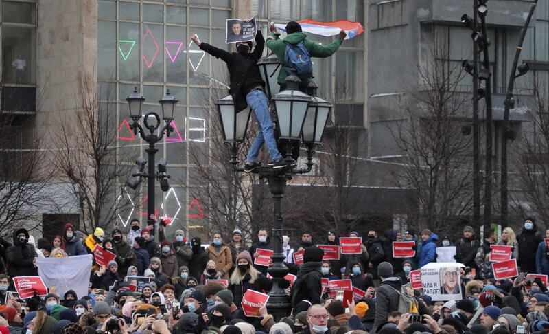 People take part in a protest in support of Russian opposition leader Alexei Navalny, in Moscow. EPA