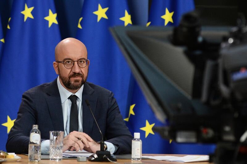 Charles Michel attends a virtual Global Climate Summit via video link from the European Council building in Brussels, Thursday, April 22, 2021. (Johanna Geron, Pool via AP)