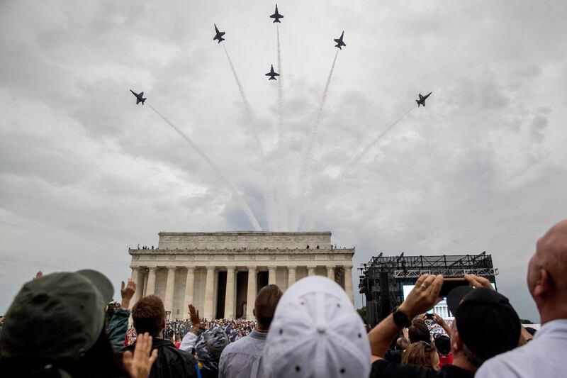 Navy Blue Angels fly over at the conclusion of President Donald Trump's Independence Day celebration in front of the Lincoln Memorial, Thursday, July 4, 2019, in Washington. AP Photo/Andrew Harnik