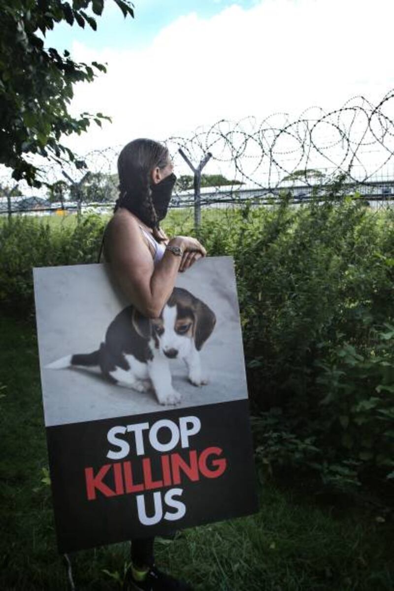 A protester outside Marshal BioResources Acres. Sopa Images / LightRocket / Getty