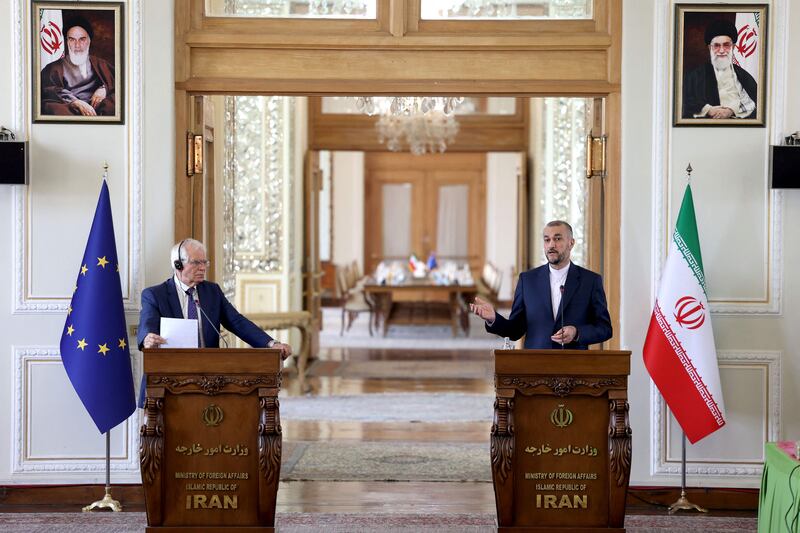 Josep Borell, the High Representative of the European Union for Foreign Affairs and Security Policy (L) with Iran's Foreign Minister Hossein Amir Abdollahian, at a press conference in the foreign ministry headquarters in Tehran on June 25. AFP
