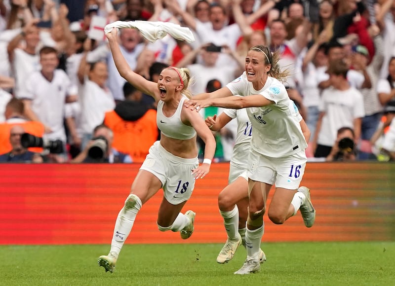 England's Chloe Kelly celebrates with Jill Scott after scoring the extra-time winner against Germany in the Women's Euro 2022 final at Wembley Stadium, London. PA