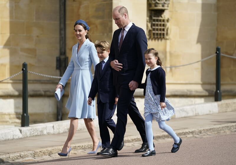 The Duke and Duchess of Cambridge with Prince George and Princess Charlotte attending the Easter Mattins Service at St George's Chapel at Windsor Castle in Berkshire. PA